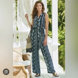 SOFT SURROUNDINGS Sydney Jumpsuit Elephant Wide Leg Batik Print Boho Sz L